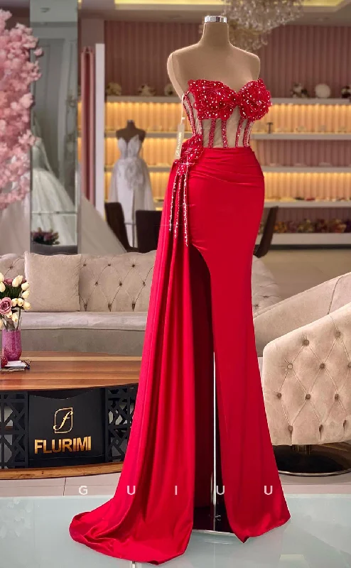 G2800 - Sexy & Fitted Strapless Illusion Floral Embossed Red Prom Evening Dress sweetheart Neckline Romantic