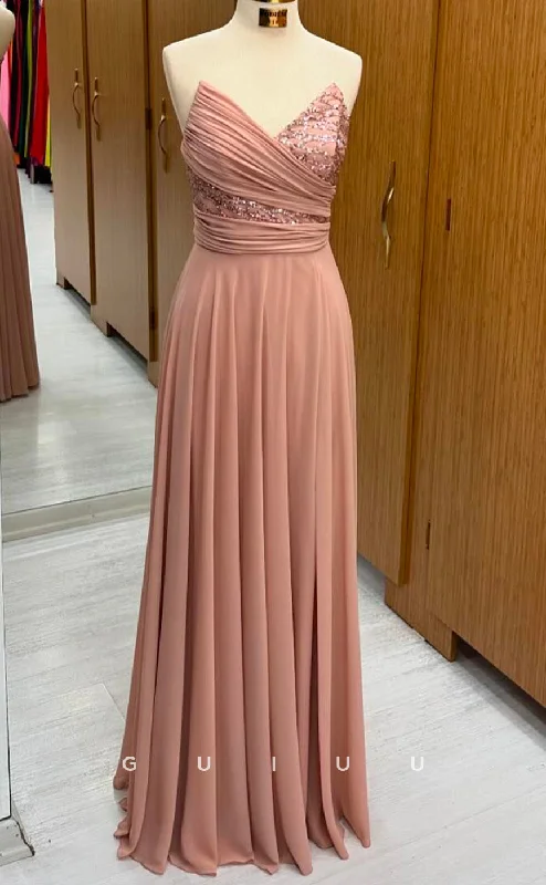 G2804 - A-Line V Neck Strapless Sleeveless Sequined Pleated Ruched Long Prom Party Dress Shift Classic Vintage