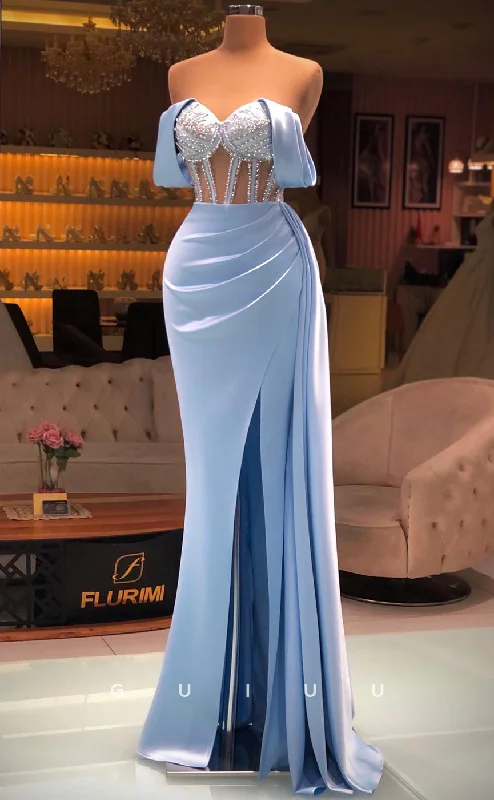 G2807 - Chic & Modern Off-Shoulder Beaded Sheer Ruched Long Prom Evening Dress empire Waist empire