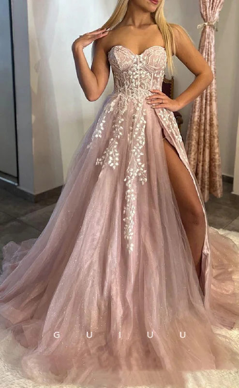 G2812 - Chic & Modern A-Line Glitter Strapless Applique Long Prom Evening Dress Off-the-shoulder Bohemian Festive