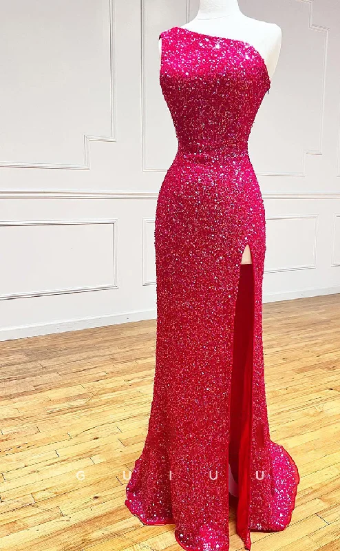 G2814 - One Shoulder Sequins Red Lace Up Prom Evening Dress With Slit Lace Sexy Club