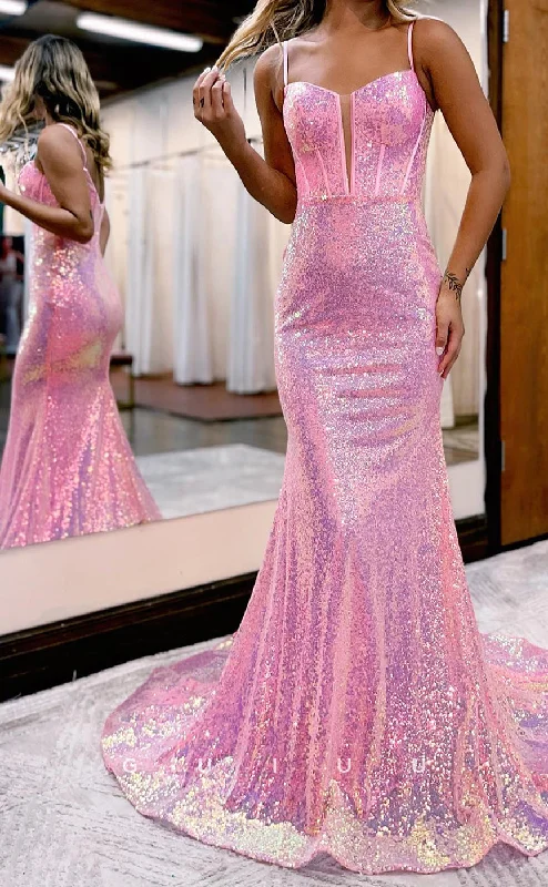 G2815 - Mermaid Sheath V-Neck Straps Sparkle Long Prom Evening Dress Sequined Elegant Party