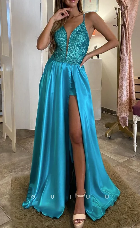 G2828 - A-Line Glitter V-Neck Spaghetti Straps Two Piece Satin Prom Evening Dress Tunics Recommended stylist