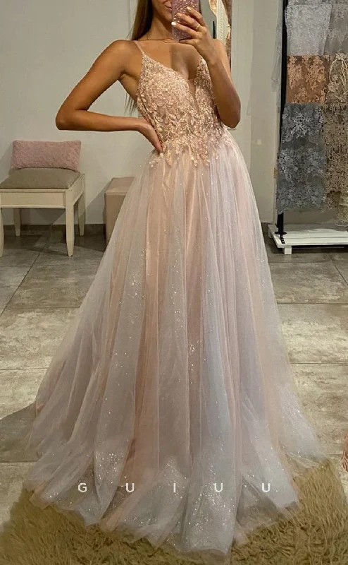 G2832 - Chic & Modern A-Line V-Neck Sequins Long Tulle Prom Evening Dress Tunics Designer luxury