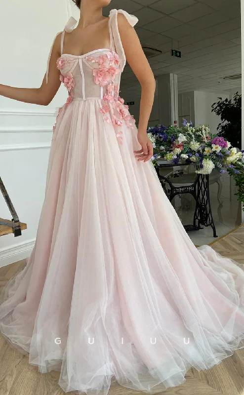 G2833 - A-Line Straps Sheer Floral Embellished Tulle Prom Evening Dress Tunics Modern contemporary