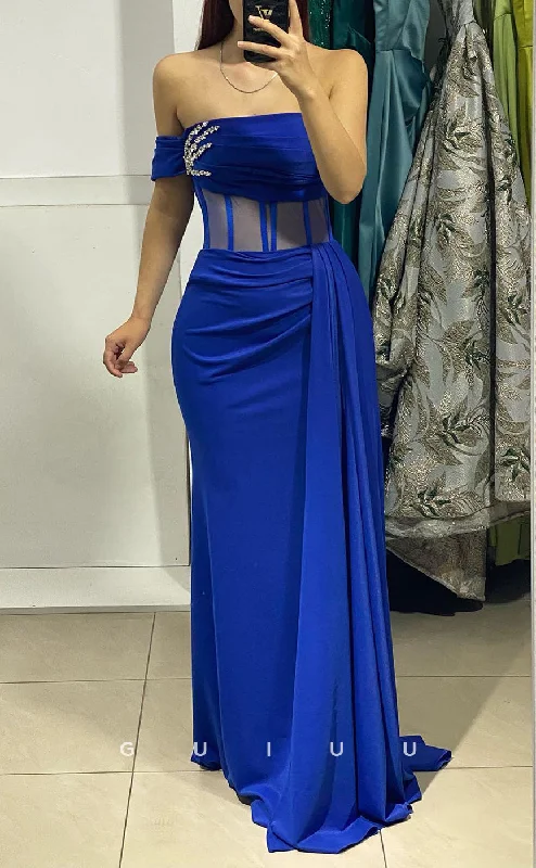 G2837 - One Shoulder Velvet Beaded Sheer Blue Long Prom Evening Dress Tunics Ceremony elegant