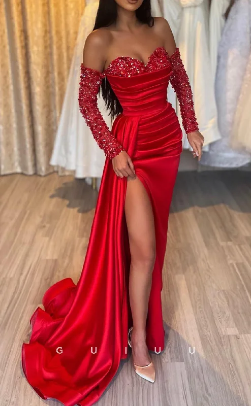 G2847 - Chic & Modern Sequins Sweetheart Off-Shoulder Red Prom Evening Dress Tunics Yoga stretchy