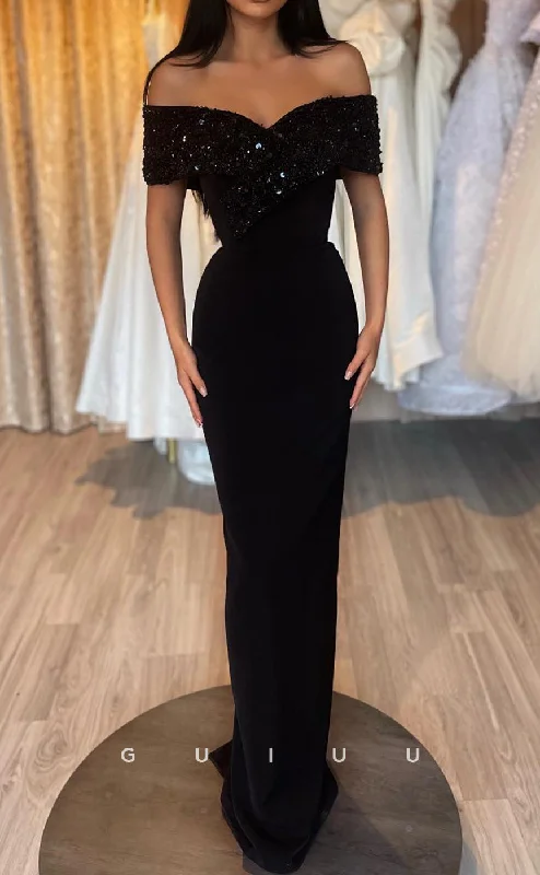 G2850 - Elegant Sheath Sequins Off-Shoulder Long Balck Prom Evening Dress Tunics Canvas sturdy