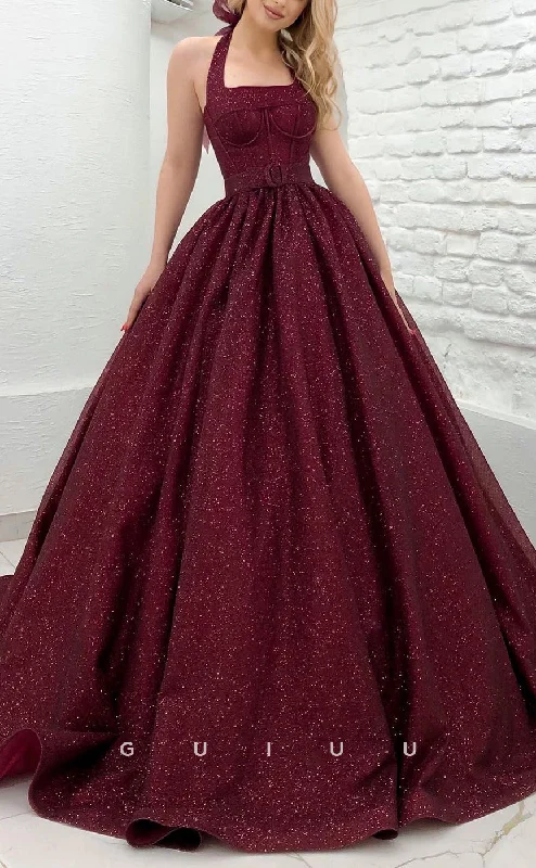 G2854 - Classic & Timeless Glitter A-Line Halter Burgundy Long Prom Evening Dress Tunics Mesh breathable