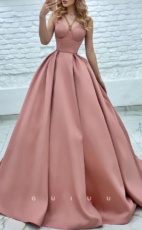 G2855 - Classic & Timeless A-Line V-Neck Satin Pink Long Prom Evening Dress Tunics Lace romantic