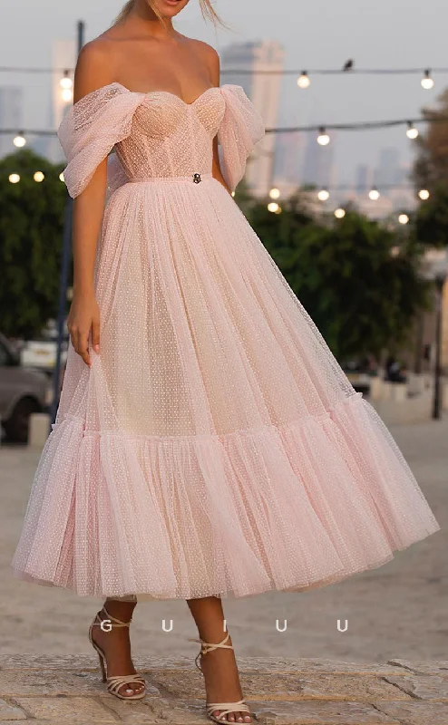 G2858 - Elegant & Simple A-Line Tulle Off-Shoulder Long Prom Evening Dress Tunics Floral girly