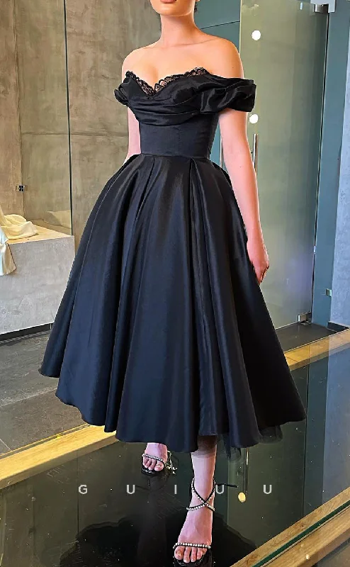 G2863 - Classic & Timeless A-Line Lace Off-Shoulder Satin Black Prom Evening Dress Boat Neckline Classic