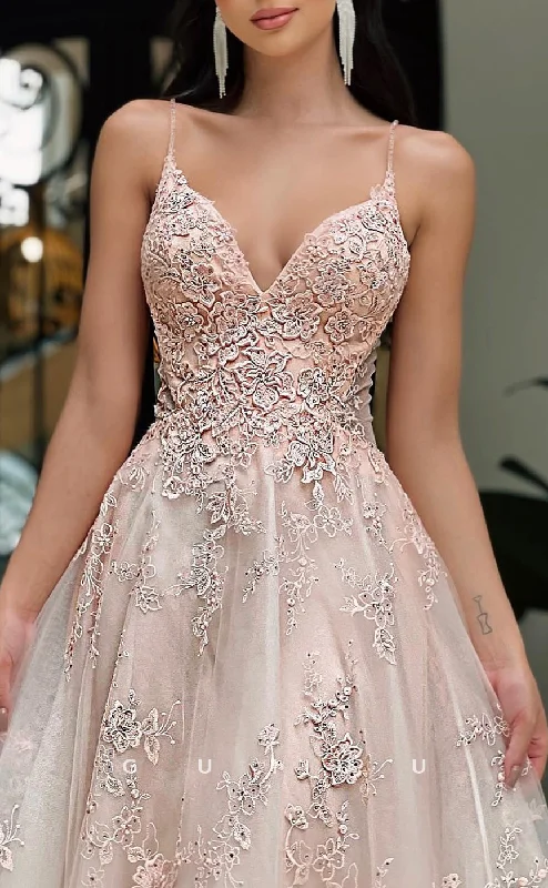 G2864 - Elegant & Luxurious V-Neck Straps Applique Tulle Pink Long Prom Evening Dress Boatneck Modish Everyday