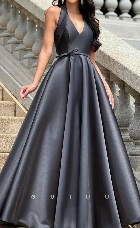 G2955 - A-Line V Neck Halter Sleeveless Stain Black Long Prom Party Dress High-Low Hemline Casual