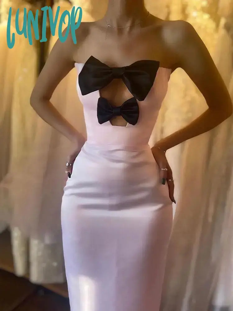 Lunivop Elegant High Quality New Women Bowtie Pink Sexy Hollow Strapless Long Bandage Wedding Birthday Evening Cocktail Party Dresses Satin Halter Glamorous