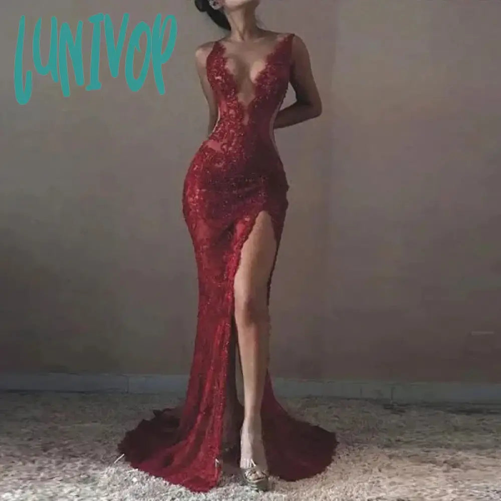 Lunivop Luxury Red Spaghetti Straps Lace Evening Dresses Sexy Side Split Floor-Length Evening Gown 2024 Mermaid Court Dubai Arab Custom Tunics Satin smooth Lunivop Luxury Red Spaghetti Straps Lace Evening Dresses Sexy Side Split Floor-Length Evening Gown 2024 Mermaid Court Dubai Arab Custom Tunics Satin smooth