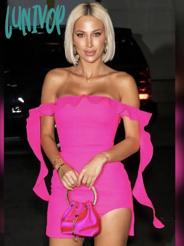 Lunivop New Summer Fashion Women Sexy Off Shoulder Ruffles Hot Pink Mini Bandage Dress Elegant Evening Club Party Dress Tunics Vintage classic Lunivop New Summer Fashion Women Sexy Off Shoulder Ruffles Hot Pink Mini Bandage Dress Elegant Evening Club Party Dress Tunics Vintage classic