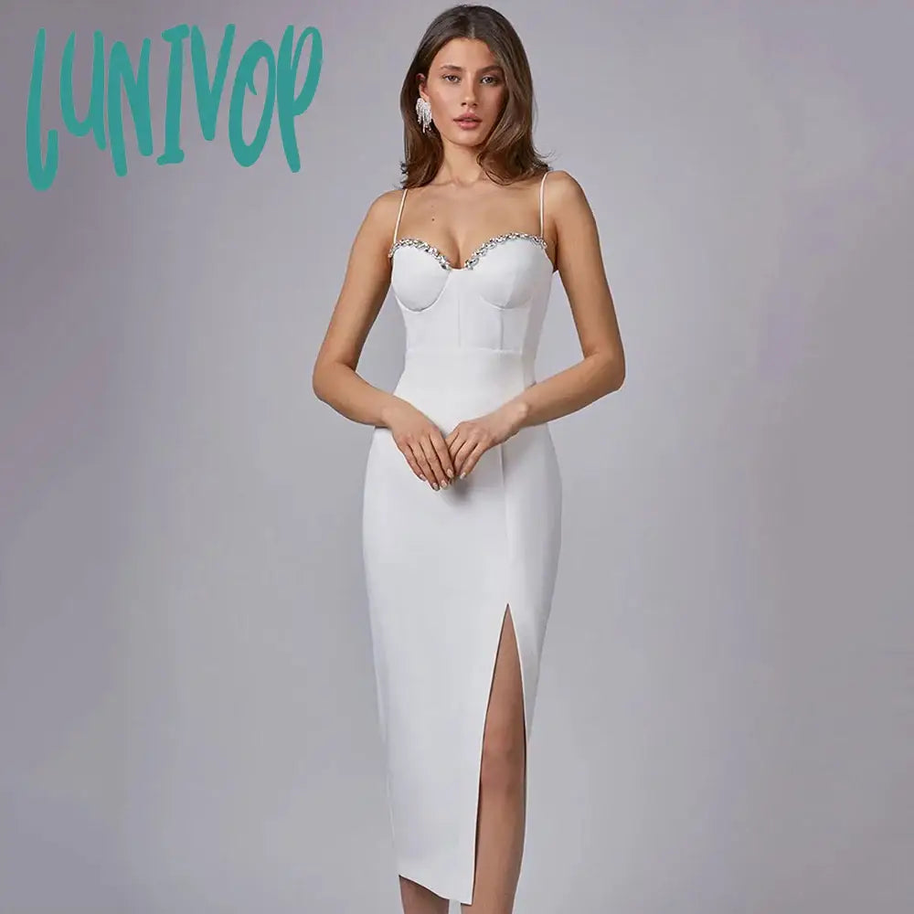 Lunivop  New Summer Women White Red Spaghetti Strap Bandage Dress Sexy Diamond Vestido Mujer Ropa Midi Club Evening Party Dresses Tunics Party sparkling