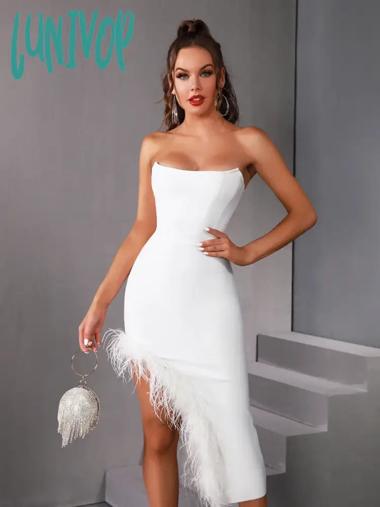 Lunivop Summer Sexy Strapless Backless Black White Hot Pink Feather Women Bodycon Bandage Dress Elegant Evening Club Party Dress Tunics Sale discount Lunivop Summer Sexy Strapless Backless Black White Hot Pink Feather Women Bodycon Bandage Dress Elegant Evening Club Party Dress Tunics Sale discount