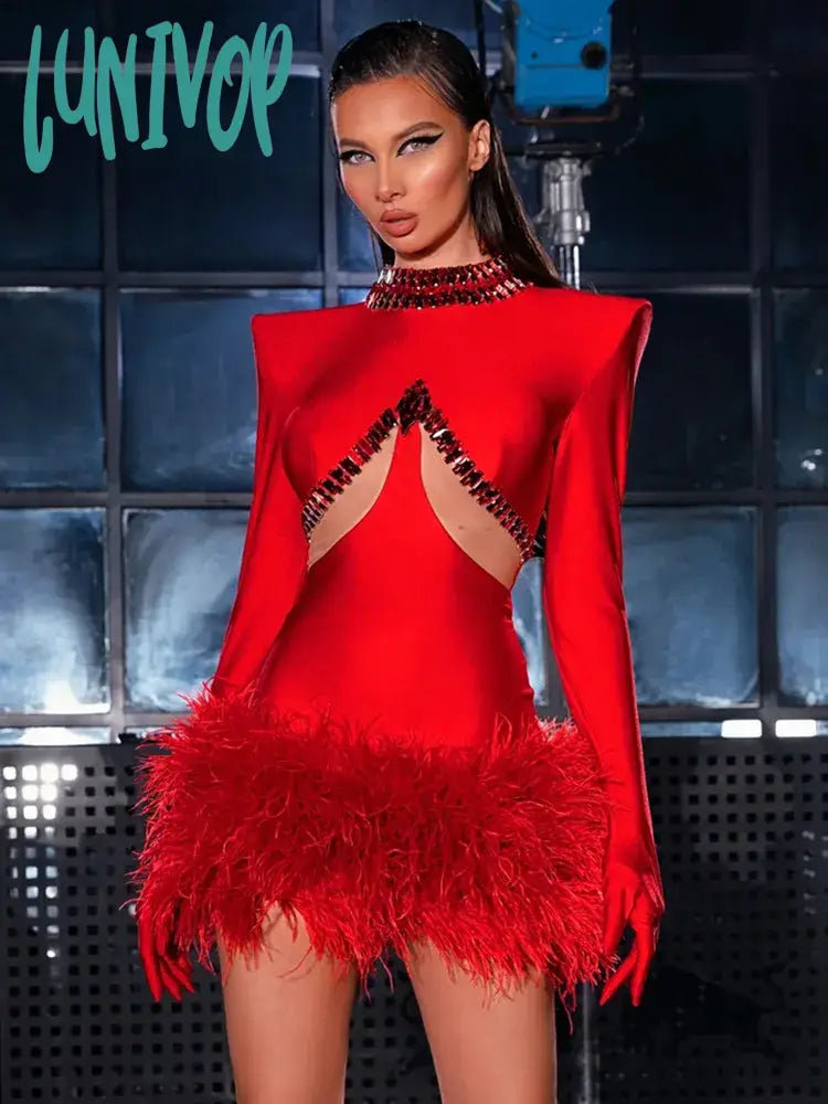 Lunivop Women Celebrity Sexy Long Sleeve Feather Beading Cut Out Red Mini Bodycon Bandage Dress Elegant Evening Club Party Dress Tunics Prom sequined Lunivop Women Celebrity Sexy Long Sleeve Feather Beading Cut Out Red Mini Bodycon Bandage Dress Elegant Evening Club Party Dress Tunics Prom sequined