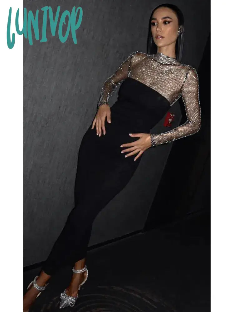 Lunivop Women Summer Chic Sexy Long Sleeve Crystal Diamonds Black Midi Bodycon Bandage Dress Elegant Evening Club Party Dress Tunics Office stylish Lunivop Women Summer Chic Sexy Long Sleeve Crystal Diamonds Black Midi Bodycon Bandage Dress Elegant Evening Club Party Dress Tunics Office stylish