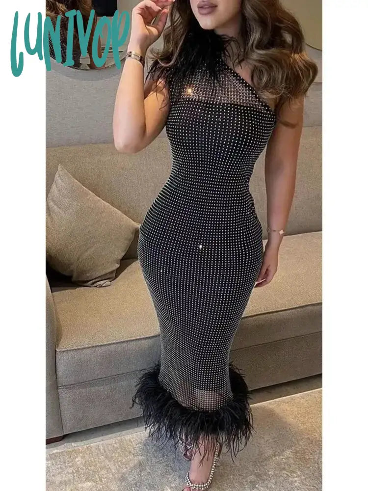 Lunivop Women Summer Fashion Sexy One Shoulder Feather Cystal Diamonds Black Midi Bandage Dress Elegant Evening Club Party Dress Tunics Bridal satin Lunivop Women Summer Fashion Sexy One Shoulder Feather Cystal Diamonds Black Midi Bandage Dress Elegant Evening Club Party Dress Tunics Bridal satin