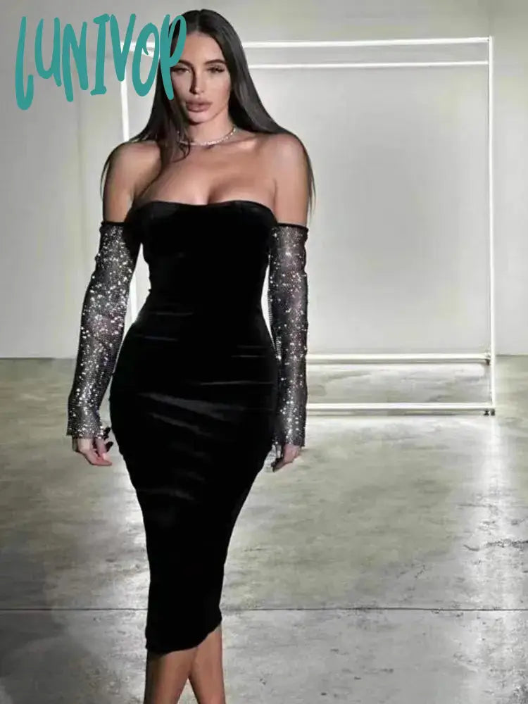 Lunivop Women Summer Sexy Off Shoulder Diamonds Sparkly Black Midi Bodycon Bandage Dress Elegant Evening Club Party Dress Tunics Recommended stylist Lunivop Women Summer Sexy Off Shoulder Diamonds Sparkly Black Midi Bodycon Bandage Dress Elegant Evening Club Party Dress Tunics Recommended stylist