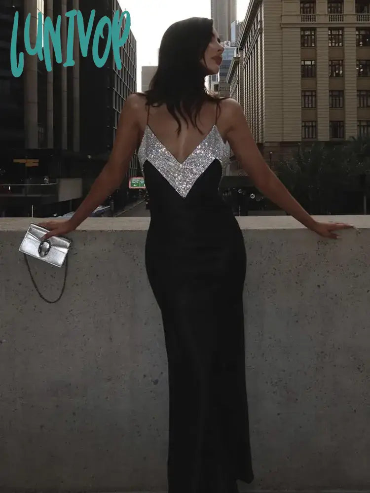 Lunivop Women Summer Sexy V Neck Backless Crystal Black Diamonds Maxi Long Bandage Dress Knitted Elegant Evening Club Party Dress Tunics Handmade artisanal Lunivop Women Summer Sexy V Neck Backless Crystal Black Diamonds Maxi Long Bandage Dress Knitted Elegant Evening Club Party Dress Tunics Handmade artisanal