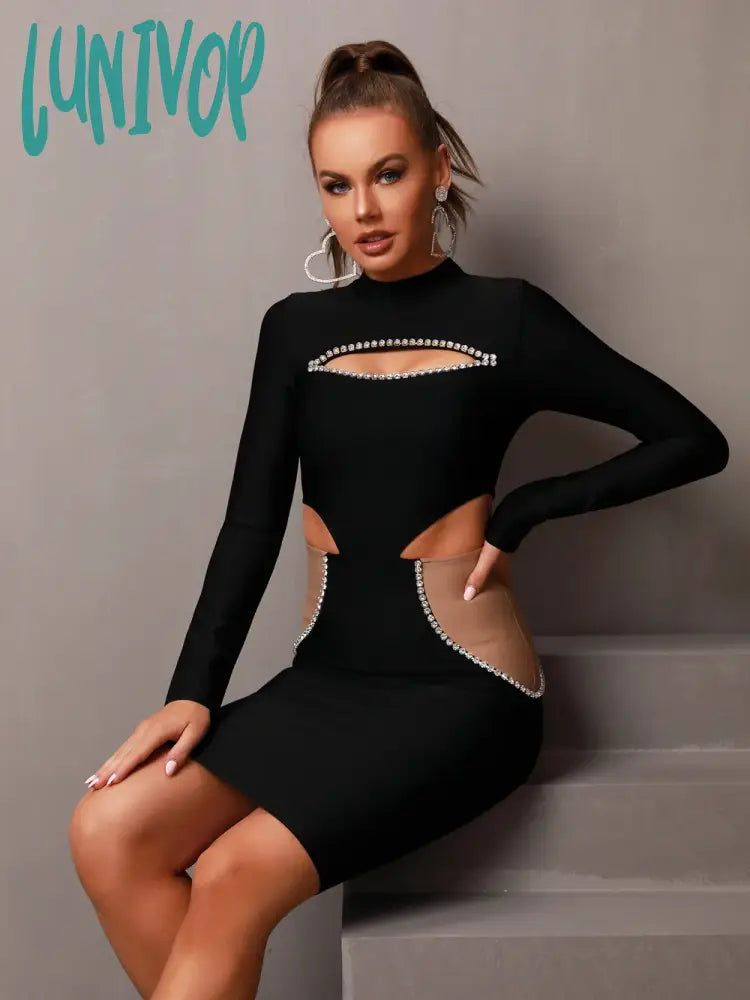 Lunivop Women Winter Sexy Long Sleeve Cut Out Beading Patchwork Black Mini Bodycon Bandage Dress Elegant Evening Club Party Dress Tunics Chic fashionable Lunivop Women Winter Sexy Long Sleeve Cut Out Beading Patchwork Black Mini Bodycon Bandage Dress Elegant Evening Club Party Dress Tunics Chic fashionable