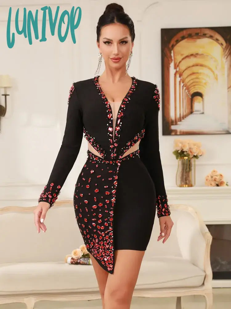 Lunivop Women Winter Sexy Long Sleeve V Neck Beading Black Mini Bandage Dress 2024 Knitted Elegant Evening Club Party Dress Shift Classic Vintage