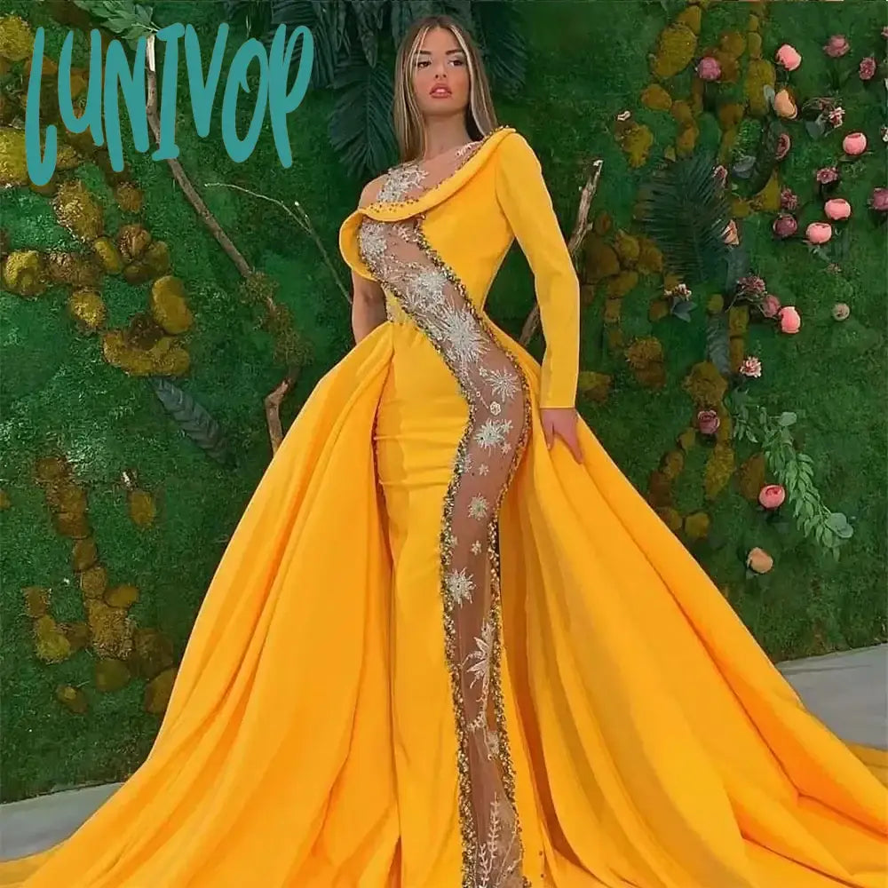 Lunivop Yellow Lace Crystal Prom Dresses 2024 Women Luxry S Line Slits Formal Party Dress One Shoulder Mermaid Bridal Gowns robes de soi Tunics Silk luxurious Lunivop Yellow Lace Crystal Prom Dresses 2024 Women Luxry S Line Slits Formal Party Dress One Shoulder Mermaid Bridal Gowns robes de soi Tunics Silk luxurious