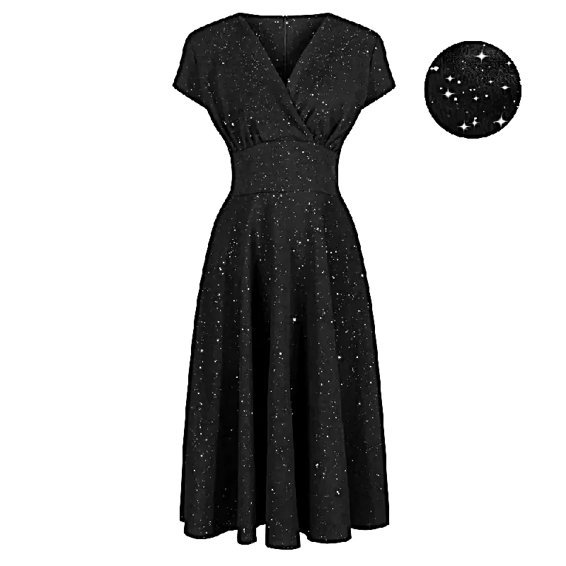 Black Velour Sparkly Glitter A Line Crossover Top Capped Sleeve Party Dress Tunics Wedding white