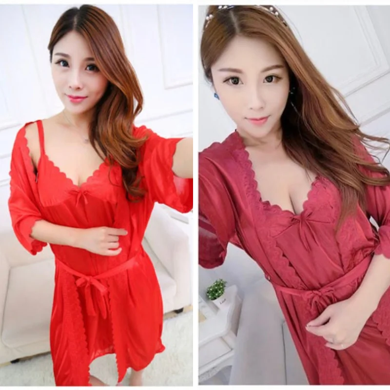 Pack Of 2 - Short Night Dress & Full Sleeves Robe - Maroon & Red Tunics Chinos classic