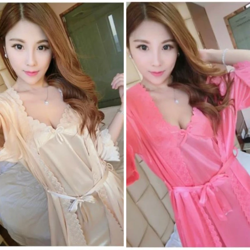 Pack Of 2 - Short Night Dress & Full Sleeves Robe - Pink & Skin Tunics Leisure comfortable