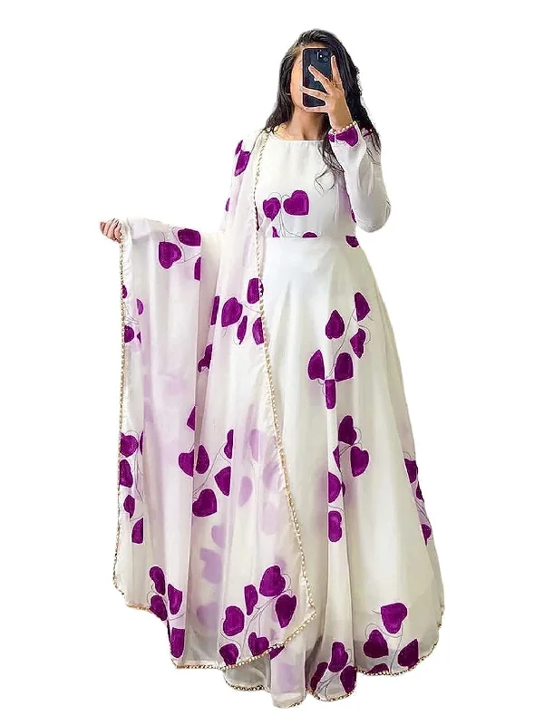 Women's Georgette Printed Gown Maxi Dress Collection Traditional Ethnic Embroidery Long Kurti Party Dresses Western Girls and Women Dress (2XL, Purpel) Off-the-shoulder Chic Trendy