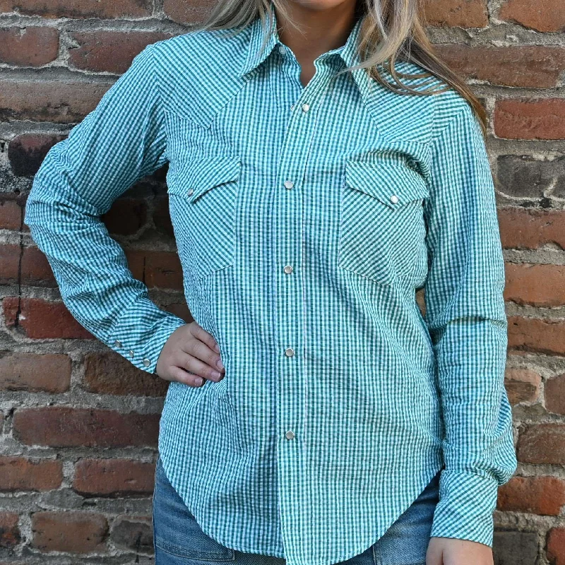 Blue Blanket Ladies Green Plaid Western Shirt in 100% Cotton with Pearl Snap Iron Safe Non-Iron Wrinkle Free Iron Safe Non-Iron Wrinkle Free