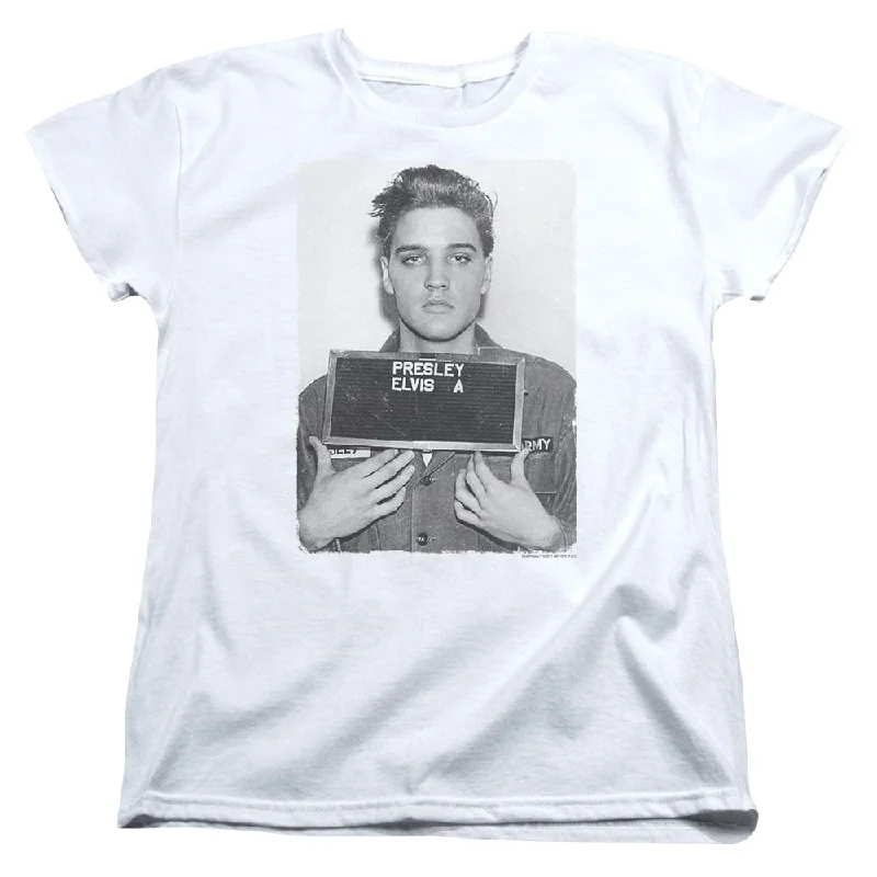 Elvis Presley Army Mug Shot Women's 18/1 100% Cotton Short-Sleeve T-Shirt Fleece Nylon Spandex Fleece Nylon Spandex