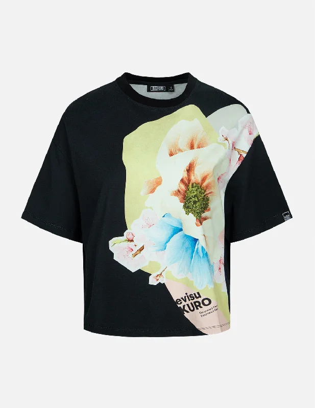 Floral Collage Print T-shirt Hooded Caped Shawl Collar Hooded Caped Shawl Collar