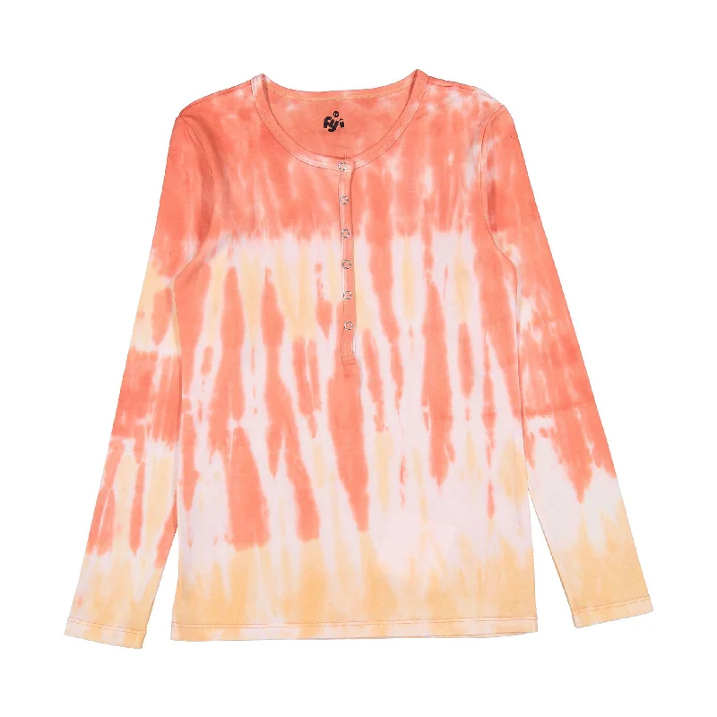 FYI Coral Tie Dye Henley T-Shirt Silk Blend Satin Velvet Silk Blend Satin Velvet