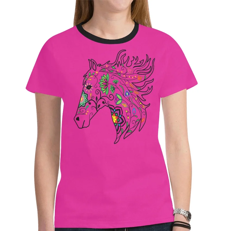 Horse Spirit Guide (Pink) T-shirt for Women Ribbed T-Shirt High Neck Heavyweight Ribbed T-Shirt High Neck Heavyweight