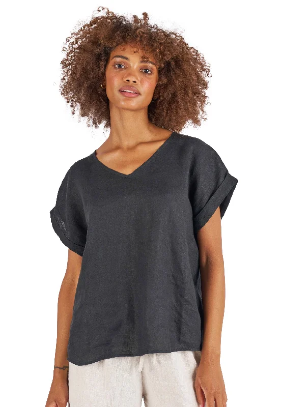 Martina Black Sand Washed Linen T-Shirt Zippered Front Buttoned Front Snap Front Zippered Front Buttoned Front Snap Front