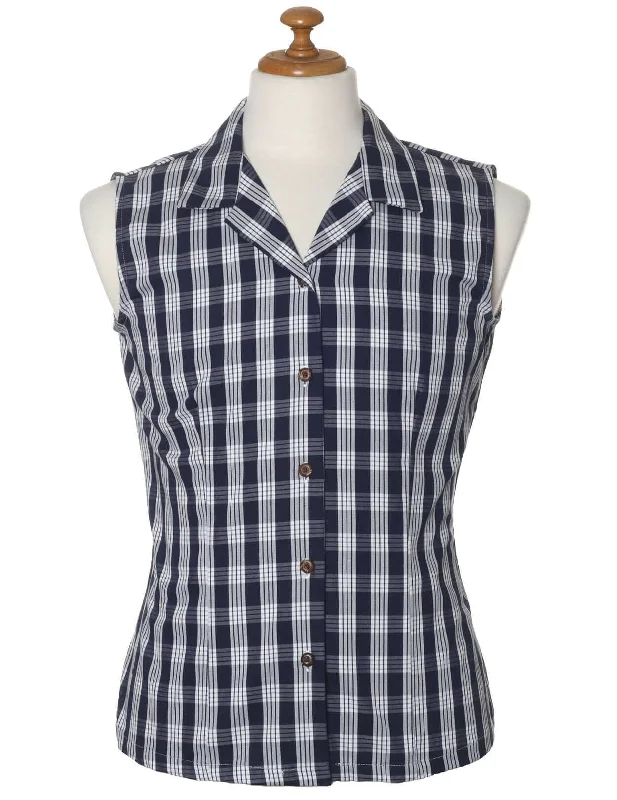 Navy Women Palaka Cotton Sleeveless Shirt Print Jacquard Patchwork Print Jacquard Patchwork