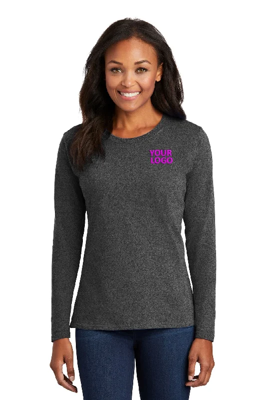 Port & Company Ladies Long Sleeve Branded Core Cotton Tee's, Dark Heather Grey Front Pockets Side Pockets Patch Pockets Front Pockets Side Pockets Patch Pockets