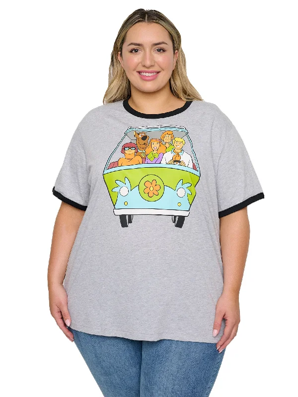 Women's Plus Size Scooby-Doo T-Shirt Ringer Mystery Machine Heather Gray Front Pockets Side Pockets Patch Pockets Front Pockets Side Pockets Patch Pockets