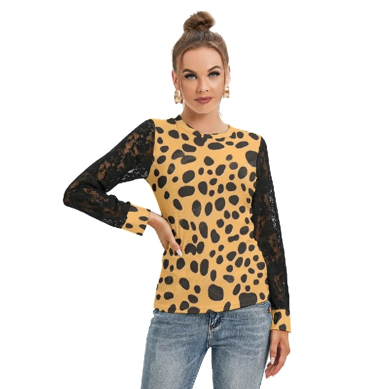 Spotted T-shirt with Black Lace Sleeves Chenille Blend Fleece Blend Nylon Blend Chenille Blend Fleece Blend Nylon Blend