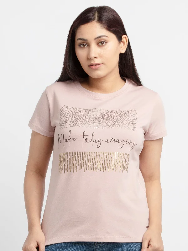 Women Printed Round Neck T-Shirt Cashmere Blend Cotton Blend Poly Blend Cashmere Blend Cotton Blend Poly Blend