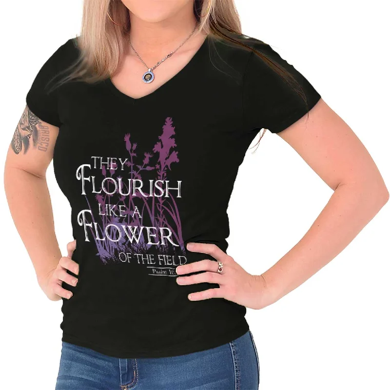 They Flourish Like A Flower Junior Fit V-Neck T-Shirt Zippered Front Buttoned Front Snap Front Zippered Front Buttoned Front Snap Front