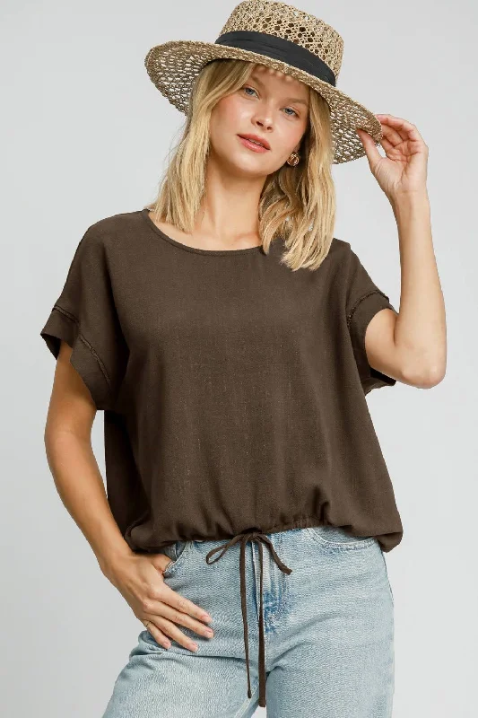 Umgee Drawstring Hem Round Neck Short Sleeve T-Shirt Satin Blend Silk Blend Wool Blend Satin Blend Silk Blend Wool Blend