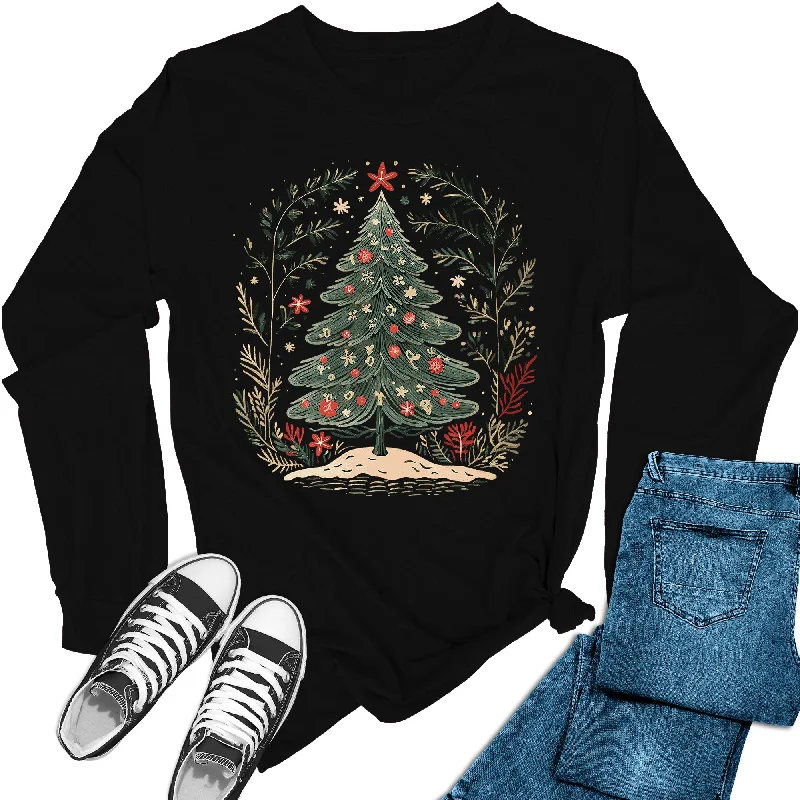 Women's Boho Christmas Tree Holiday Long Sleeve Graphic Tees Boxy Fit Fitted Loose Boxy Fit Fitted Loose