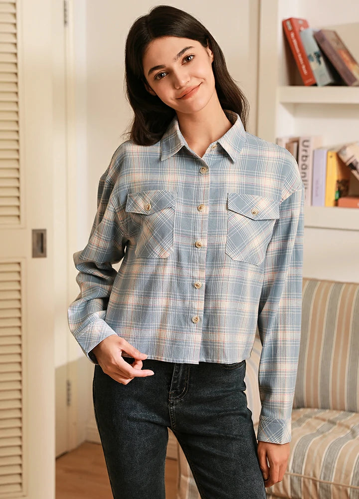 Women's Breathable Flannel Cropped Plaid Shirt Plaid T-Shirt Polka Dot Checkered Plaid T-Shirt Polka Dot Checkered